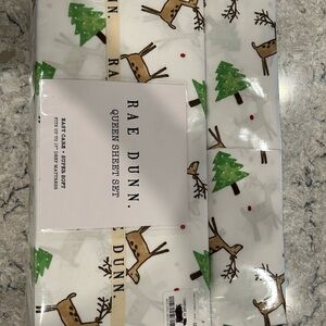 Rae Dunn Queen Sheet Set - White with Green and Brown